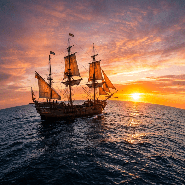 Historic tall ship with sails unfurled sailing on ocean at sunset